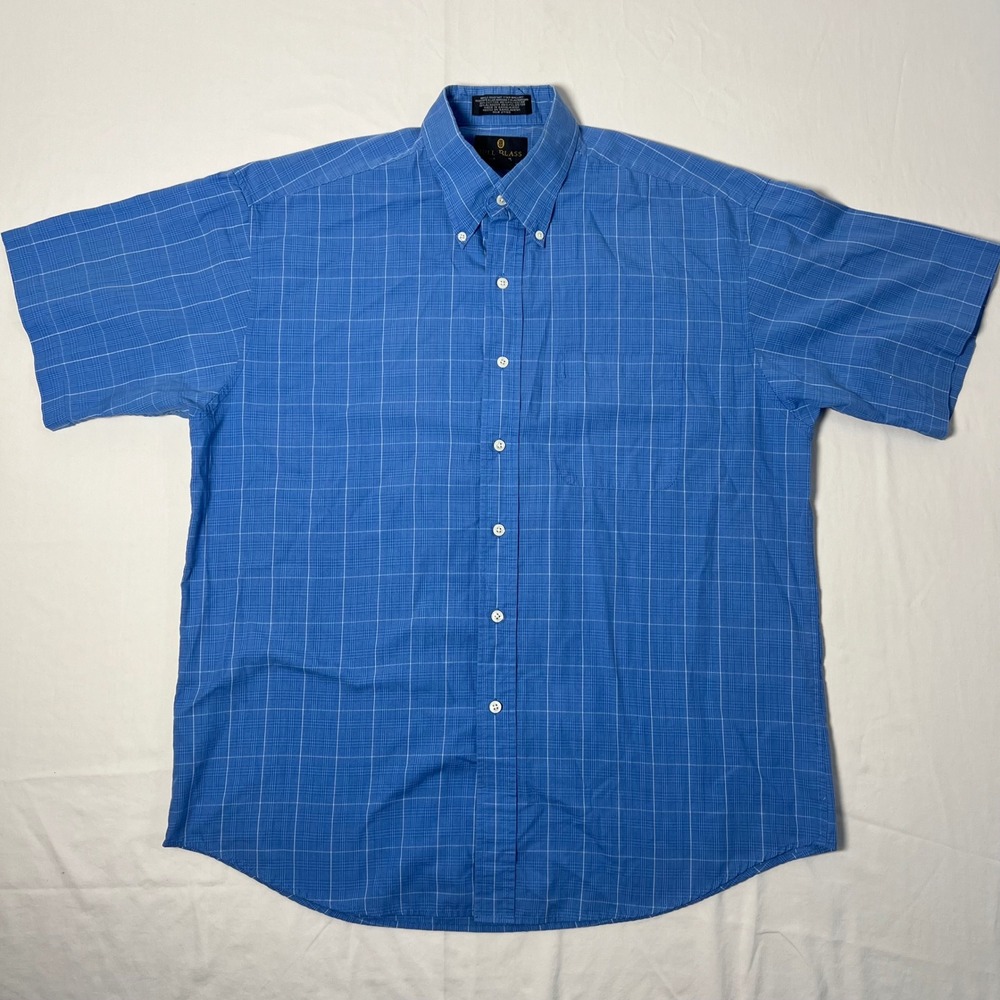 Bill Blass Black Label Mens Large Blue Plaid Short Sleeve Button Down Shirt L/G